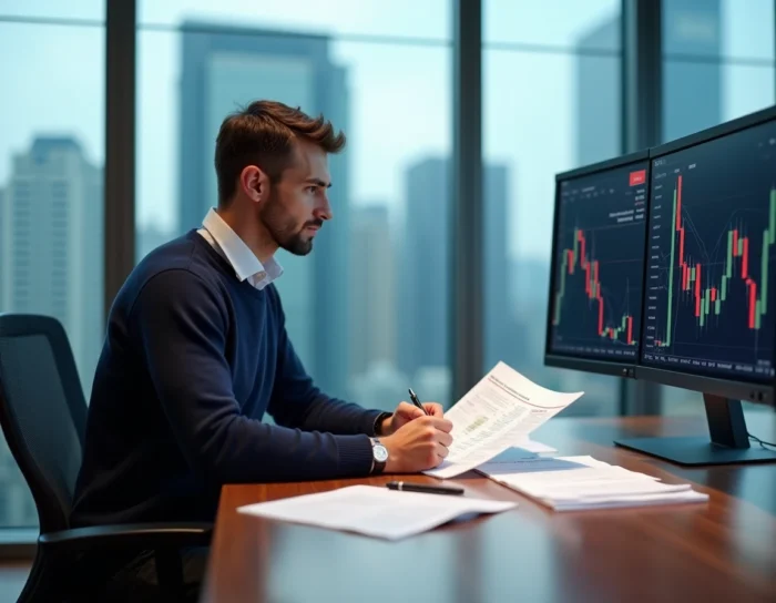 Investisseur expérimenté étudiant des rapports financiers et des indices boursiers dans un bureau professionnel avec vue sur la ville