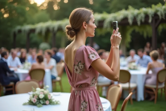 Invitée de mariage prenant une photo volée avec son smartphone lors de la réception en jardin à l'insu des mariés