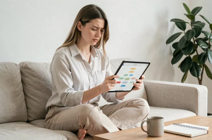 Jeune femme assise sur un canapé consultant la page sitemap d'un site web sur une tablette