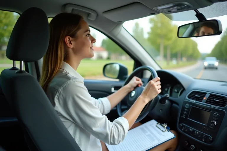 Jeune femme concentrée au volant lors d'un examen de permis de conduire avec un moniteur en passager