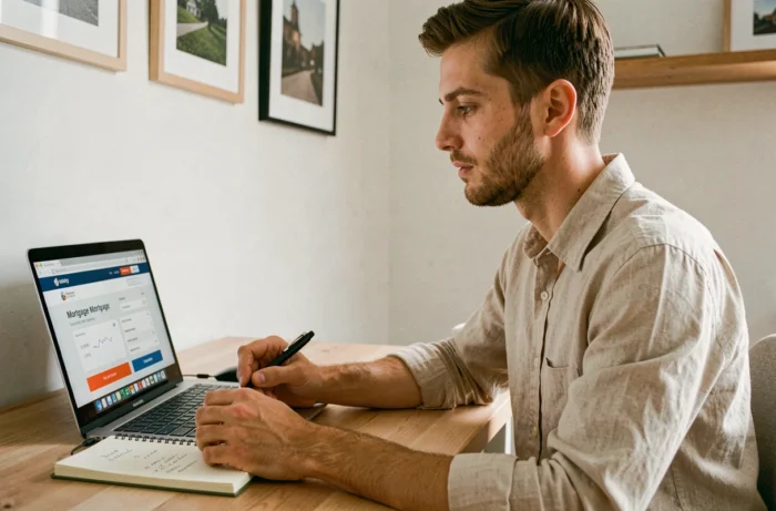 Jeune homme comparant des offres de crédit immobilier sur son ordinateur portable à domicile