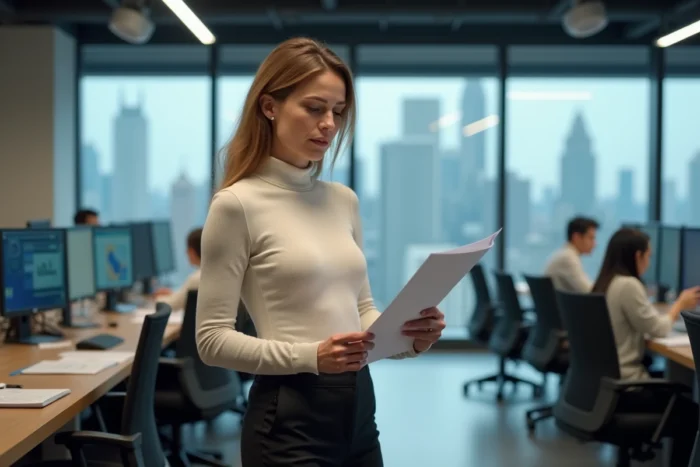 Femme journaliste en salle de rédaction consultant ses notes dans un environnement professionnel contemporain