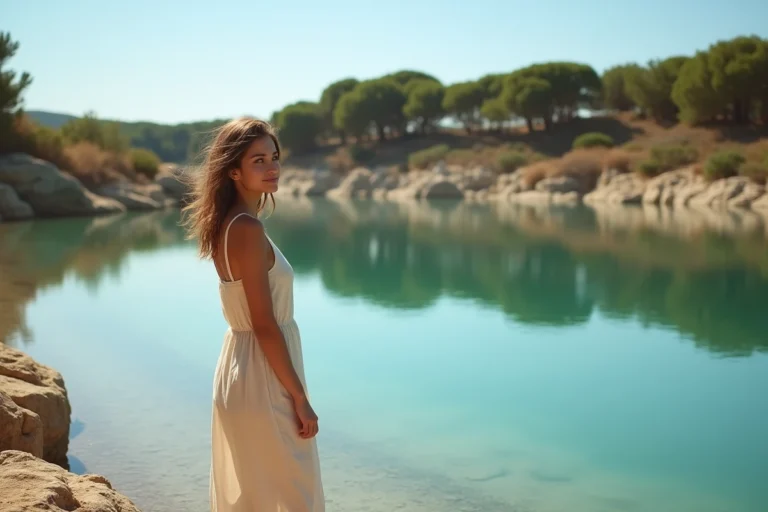 Jeune femme au bord d'un lac naturel près de Nîmes, eaux claires et végétation méditerranéenne typique du Gard