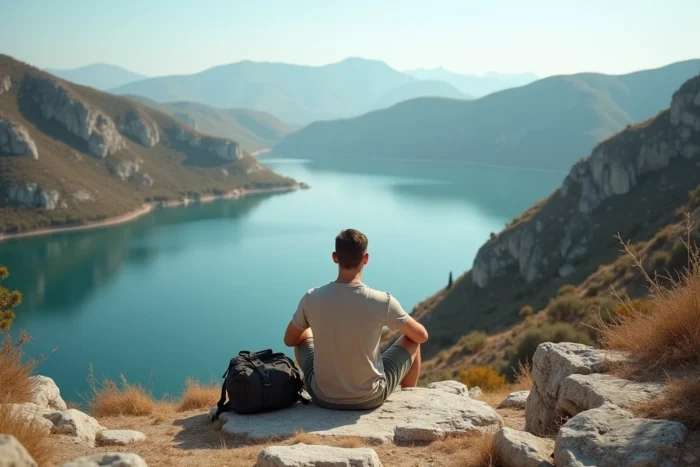 Homme en contemplation assis sur un rocher dominant un lac sauvage dans les environs de Nîmes et des Cévennes