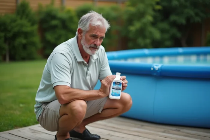 Homme lisant attentivement l'étiquette d'un produit chlore pour éviter un surdosage dans la piscine
