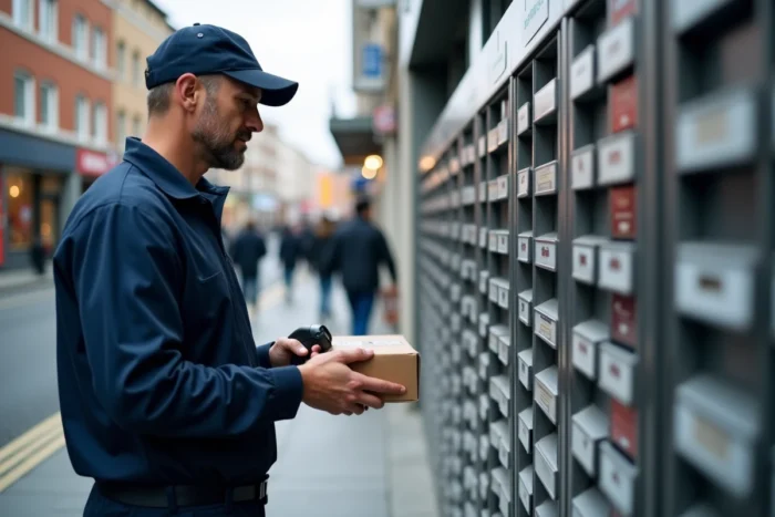 Livreur scannant un colis dans une consigne automatique en ville pour livraison Vinted Go
