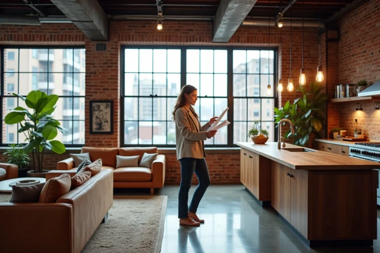 Femme explorant un loft atypique avec murs en briques apparentes, poutres en acier et grandes fenêtres industrielles dans un appartement converti