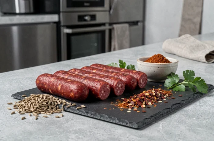 Merguez maison fraîchement façonnées présentées sur une ardoise avec des épices comme le cumin, le paprika fumé et la coriandre fraîche