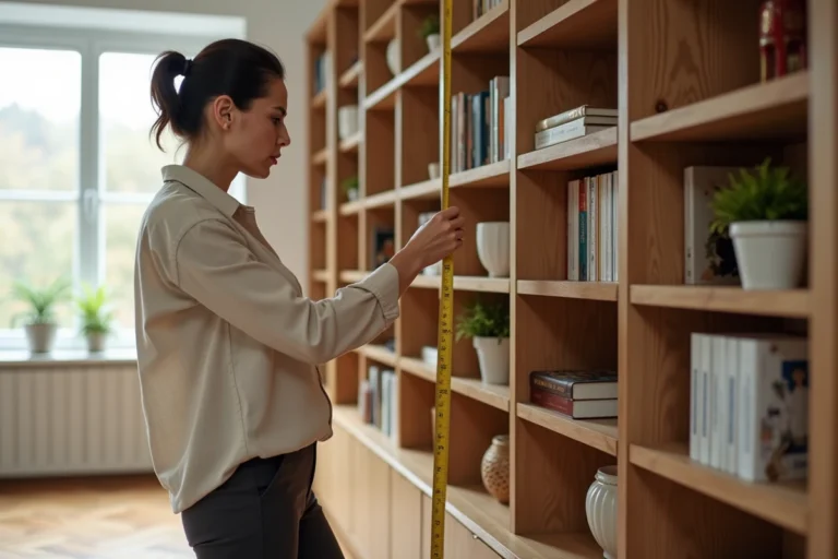 Femme mesurant la largeur d'une bibliothèque murale en bois avec un mètre ruban dans un salon moderne