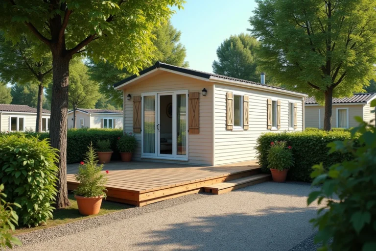 Mobil-home sur une parcelle privée dans un camping avec terrasse en bois et haie végétale
