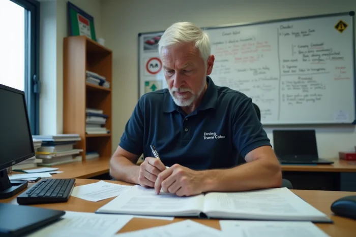 Moniteur d'auto-école analysant un code de la route et des notes de cours dans son bureau