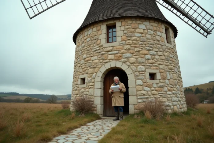 Homme devant un moulin à vent en pierre converti en habitation atypique dans la campagne française, tenant un document immobilier