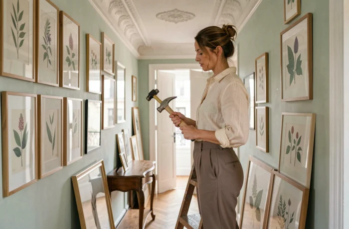 Femme arrangeant un mur galerie de cadres botaniques dans un couloir d'appartement parisien au style déco tendance