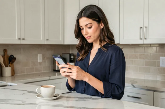 Jeune femme utilisant le plan du site Jolie Family sur son smartphone dans une cuisine moderne