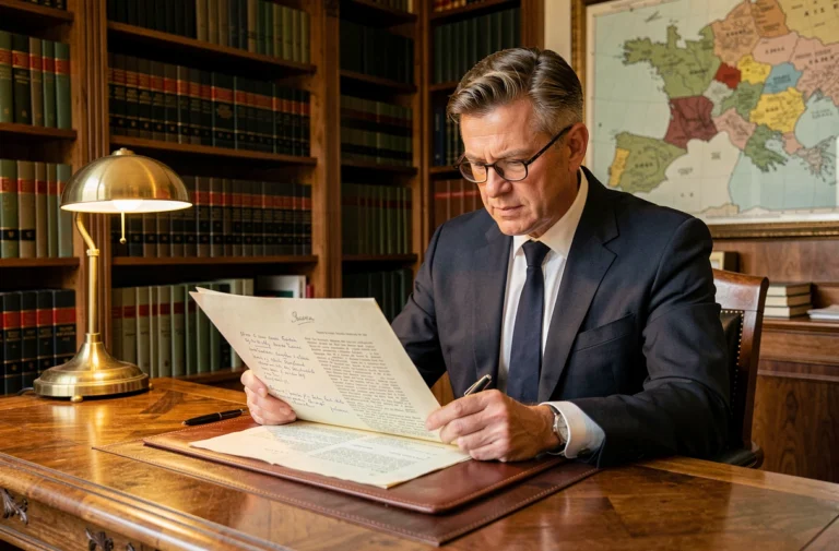 Notaire en costume marine examinant un bail emphytéotique administratif dans son bureau parisien avec des étagères de livres juridiques en arrière-plan