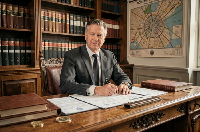 Notaire parisien assis à son bureau avec des documents immobiliers officiels dans un cabinet notarial traditionnel à Paris