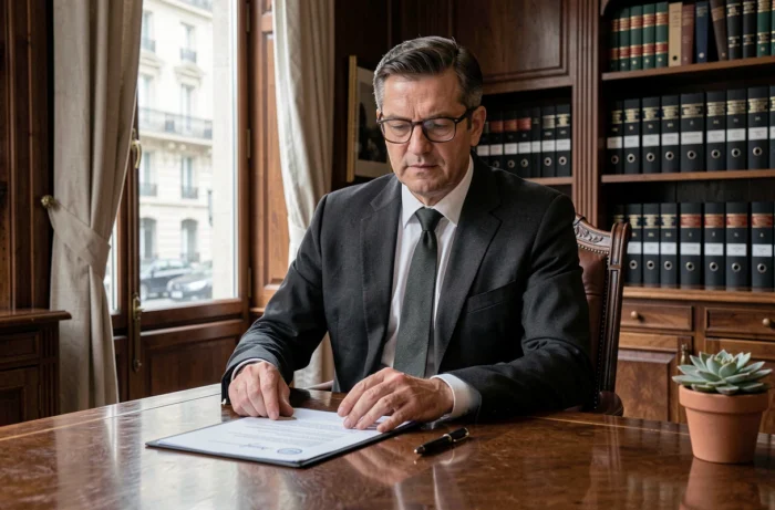 Notaire présentant un contrat de prêt immobilier signé dans un bureau traditionnel parisien