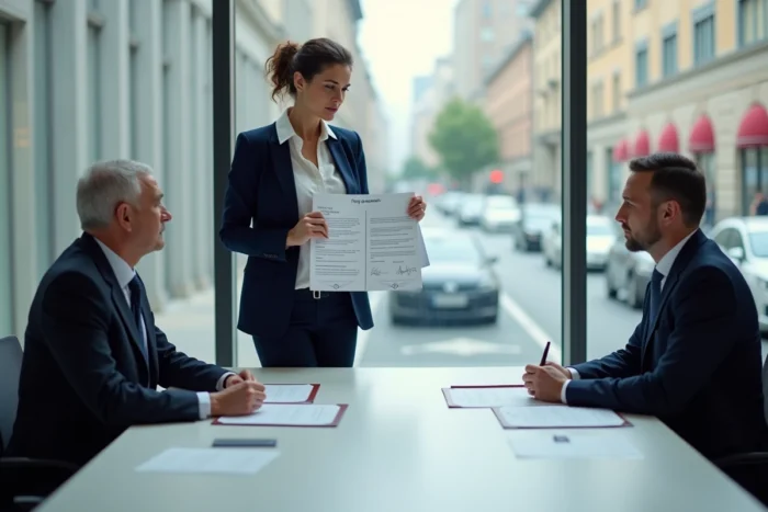 Notaire présentant un acte juridique à des clients pour expliquer la distinction entre droits patrimoniaux et extrapatrimoniaux
