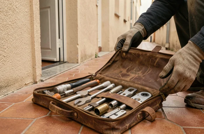Trousse à outils ouverte d'un serrurier avec équipement professionnel lors d'une intervention d'urgence en appartement