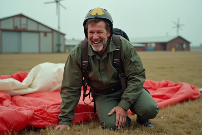 Parachutiste d'âge moyen récupérant sa voile après l'atterrissage sur un aérodrome herbeux, montrant l'effort physique post-saut et la dépense calorique associée