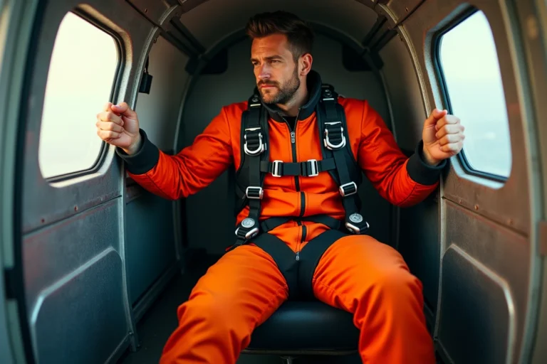 Homme équipé d'une combinaison de parachutisme orange et noire assis dans un avion, prêt à sauter, illustrant l'effort physique du saut en parachute
