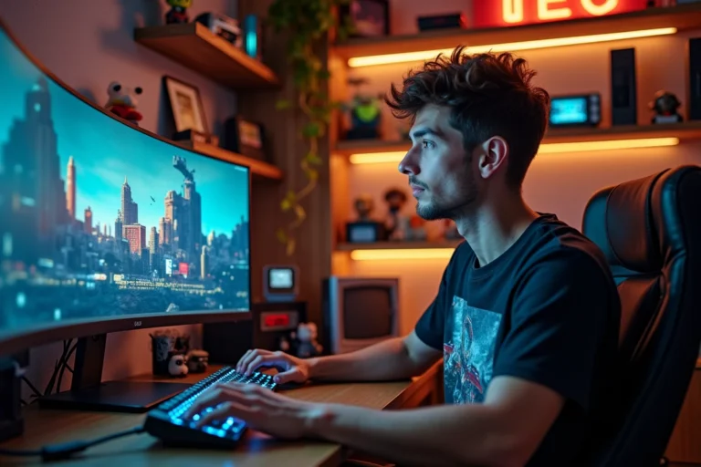 Jeune passionné de technologie naviguant sur un site web geek depuis son bureau high-tech rempli de figurines et gadgets électroniques