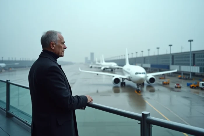 PDG de l'industrie aéronautique observant une ligne d'assemblage d'avions commerciaux depuis une terrasse d'usine