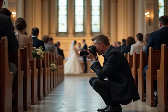 Photographe professionnel de mariage en train de cadrer une photo officielle lors d'une cérémonie dans une église en pierre