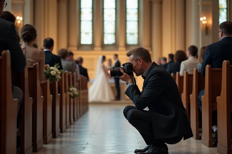 Photographe professionnel de mariage en train de cadrer une photo officielle lors d'une cérémonie dans une église en pierre