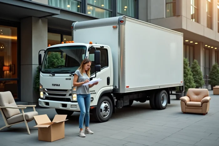 Femme vérifiant une liste de chargement devant un camion de déménagement 10 m3 en milieu urbain