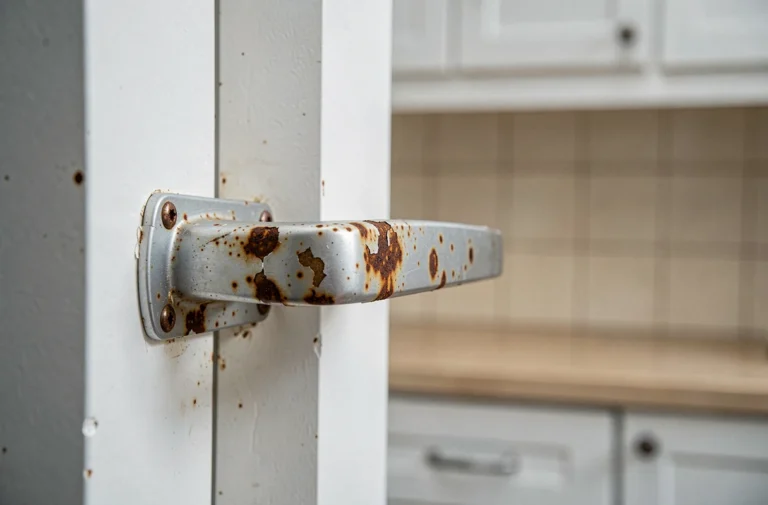 Gros plan sur la poignée rouillée d'un réfrigérateur de cuisine montrant une corrosion orange avancée et de la peinture écaillée