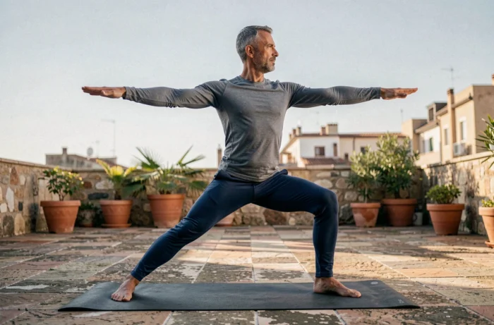 Homme en posture du guerrier II sur une terrasse en pierre en plein air, illustrant les familles d'asanas debout dans une séance de yoga structurée