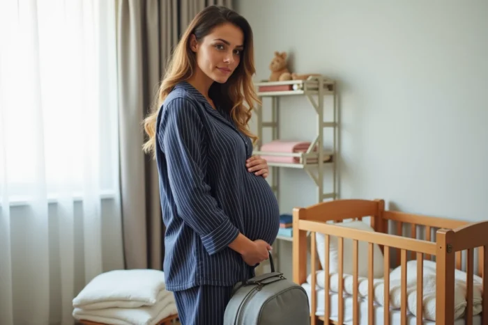 Femme enceinte debout dans la chambre de bébé avec un sac de maternité prêt, se préparant pour l'accouchement imminent