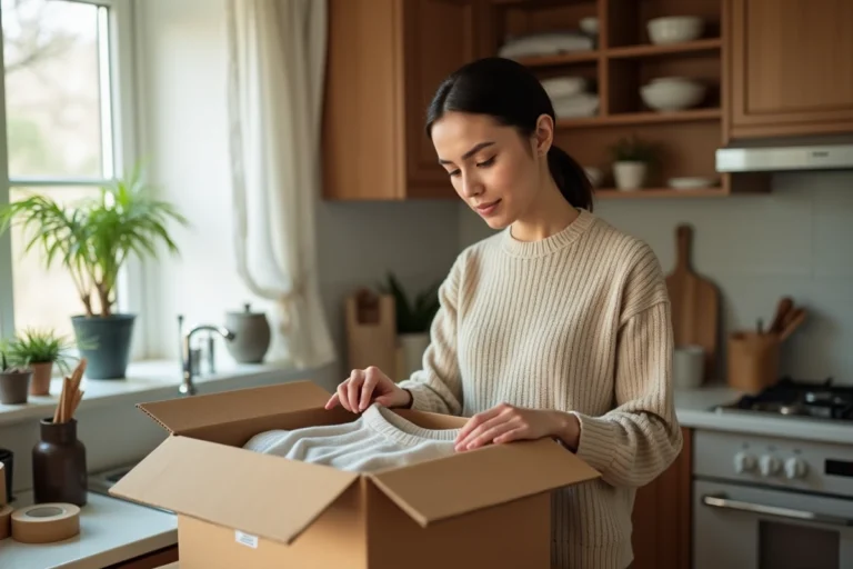 Jeune femme préparant un colis Vinted Go dans sa cuisine avec étiquette d'expédition et boîte en carton