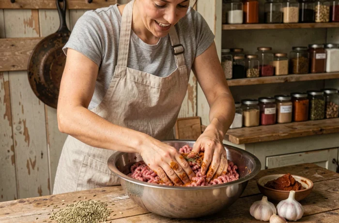 Femme préparant un mélange de viandes épicées d'agneau et de bœuf pour confectionner des merguez savoureuses à la maison