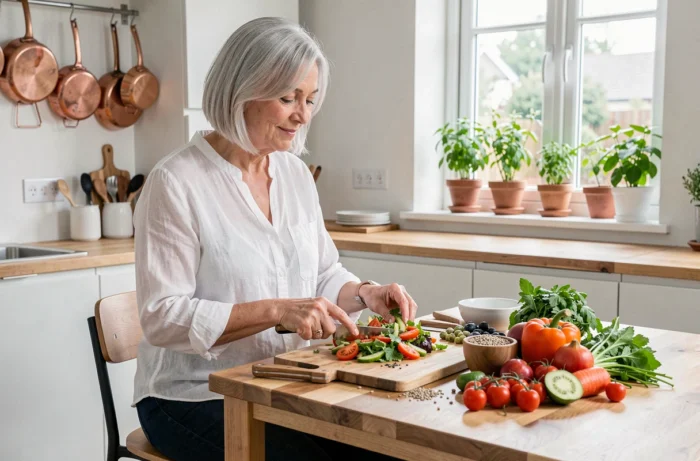 Femme mature préparant une salade fraîche et colorée dans sa cuisine pour une alimentation saine et équilibrée