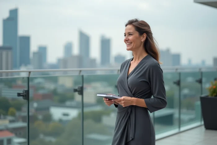 Présentatrice souriante en robe grise sur une terrasse urbaine lors d'une interview en extérieur