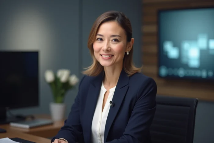 Présentatrice professionnelle en blazer marine assise au bureau d'un plateau de télévision moderne