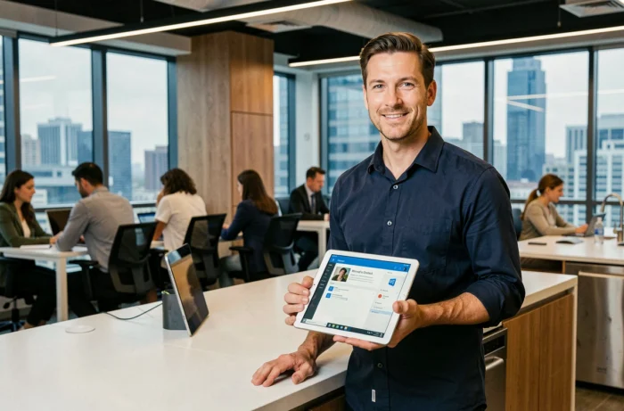 Professionnel consultant une tablette pour télécharger PowerPoint légalement dans un bureau moderne