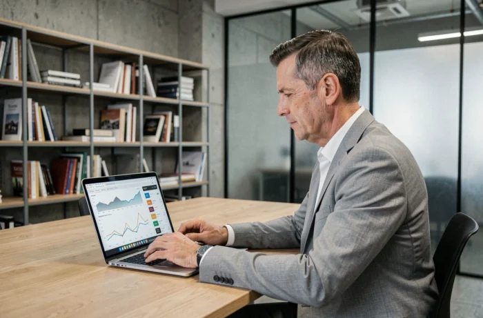 Promoteur immobilier analysant des données du marché sur ordinateur dans un espace de travail contemporain