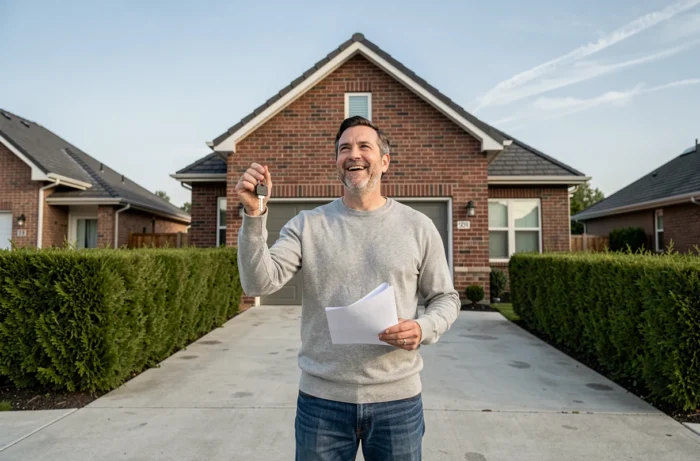Propriétaire tenant les clés de sa maison neuve financée grâce à un prêt modulimmo