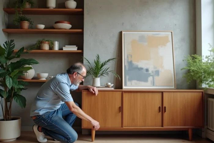 Homme réaménageant un meuble design dans un appartement contemporain pour optimiser la décoration intérieure
