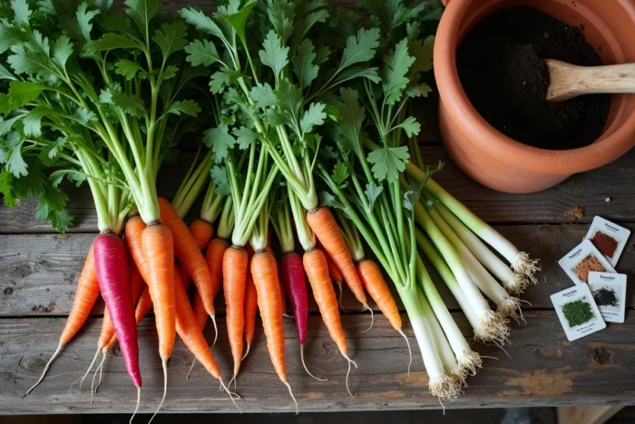Vue aérienne de légumes fraîchement récoltés — carottes, radis, oignons et herbes — disposés sur une table de jardinage en bois avec des outils et des sachets de graines