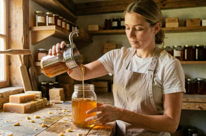 Femme artisane versant du miel brut doré dans un bocal en verre dans un atelier apicole rustique en bois