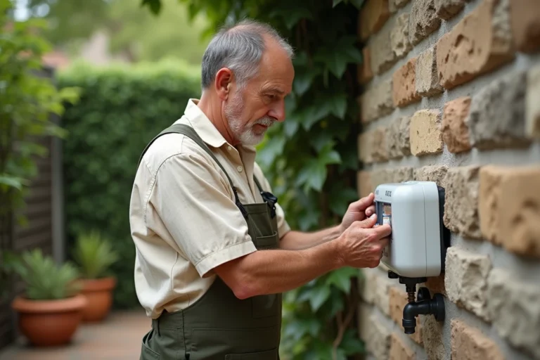 Homme changeant les piles d'un programmateur d'arrosage fixé sur un mur extérieur de jardin