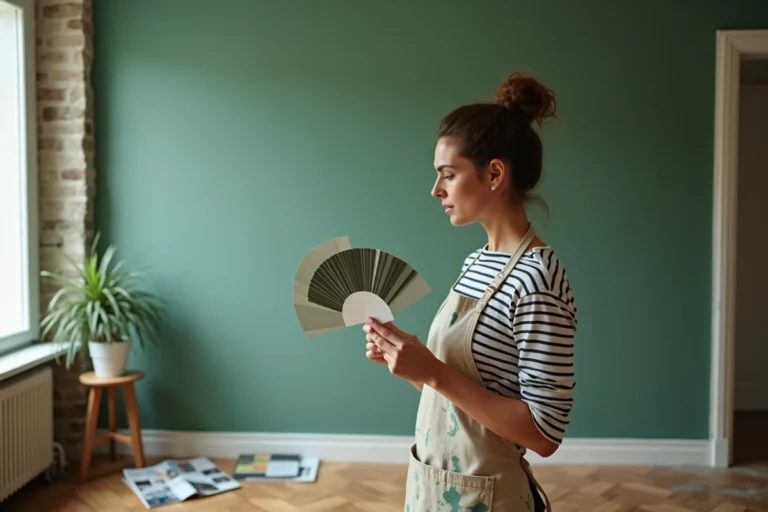Femme choisissant une couleur de peinture pour rénover un mur de salon avec style et créativité