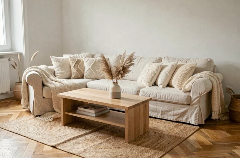 Salon scandinave confortable avec canapé en lin crème, table basse en chêne clair et décoration en herbe de pampa séchée