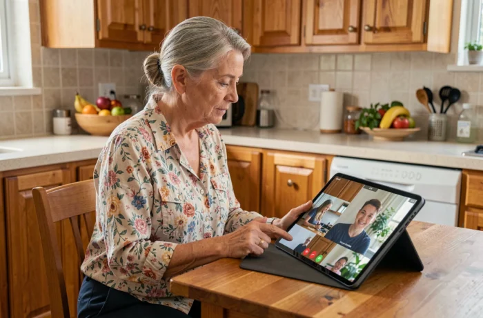 Senior femme utilisant une tablette pour une consultation vidéo dans sa cuisine