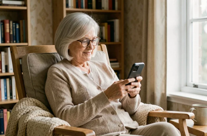 Senior femme souriante parlant au téléphone dans un salon chaleureux et confortable