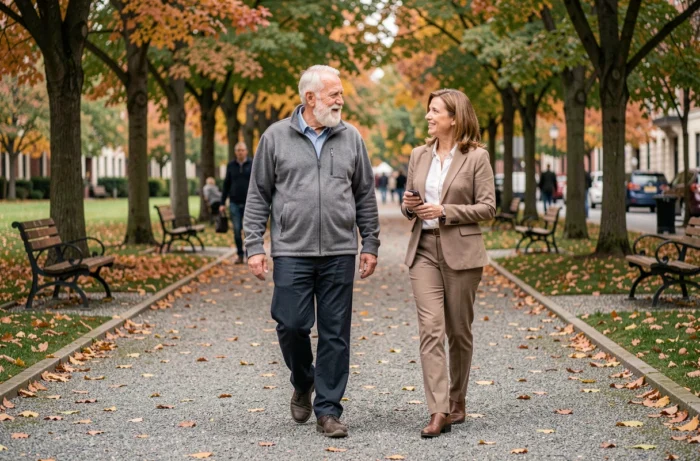 Senior homme marchant dans un parc en automne accompagné d'un aidant professionnel